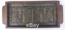 Vintage Greek Traditional Handcrafted Bronze and Wooden Serving Tray
