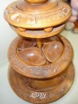Vintage Hand Carved Monkey Pod PINEAPPLE Lazy Susan Serving Tray 3 Tier