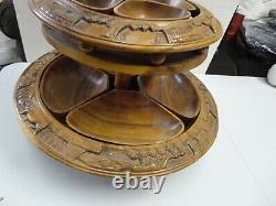 Vintage Hand Carved Monkey Pod PINEAPPLE Lazy Susan Serving Tray 3 Tier