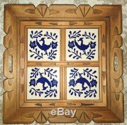 Vintage Hand Carved Wood Serving Tray Inlaid 4 White & Blue Bird Ceramic Tiles