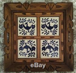 Vintage Hand Carved Wood Serving Tray Inlaid 4 White & Blue Bird Ceramic Tiles