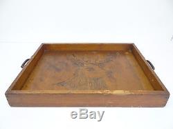 Vintage Hand Carved Wood White Tailed Deer Stag Metal Handle, Serving Tray Used