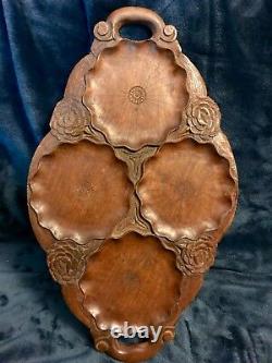 Vintage Hand Engraved & Carved Flower Oval Wooden Serving Tray 15