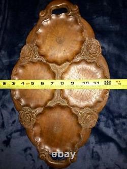 Vintage Hand Engraved & Carved Flower Oval Wooden Serving Tray 15
