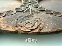 Vintage Hand Engraved Flower Carving Wooden Tray Old Hand Made Serving Tray