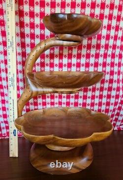 Vintage Hand Made Carved Wooden Tiered Appetizer Tray Stand