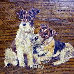 Vintage Hand Painted Primative Mission Oak Wood Serving Tray Fox Terrier SIGNED