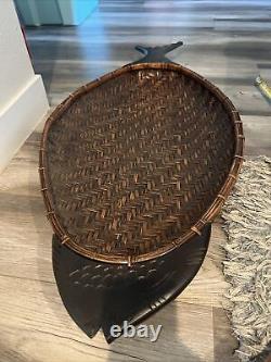 Vintage Handcraft Wood Wicker Fish Serving Basket/ Hanging Tray Luau Centerpiece