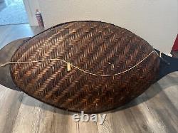 Vintage Handcraft Wood Wicker Fish Serving Basket/ Hanging Tray Luau Centerpiece
