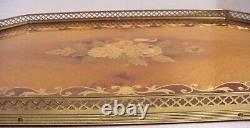 Vintage Handcrafted 21 X 12 Italian Marquetry Inlaid Wood Brass Frame Tray