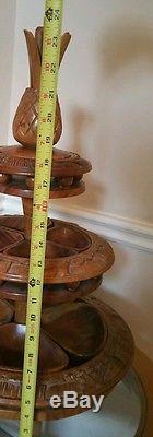 Vintage Handcrafted Pineapple Wooden Serving Tray Pedestal Lazy Susan Tower