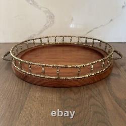 Vintage Hollywood Regency Brass and Wood Bamboo Round Tray 14 1/8 diameter