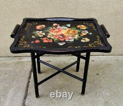 Vintage Hollywood Regency Butlers Serving Tray and Stand- HP Black Wood Flowers