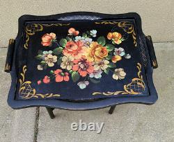 Vintage Hollywood Regency Butlers Serving Tray and Stand- HP Black Wood Flowers
