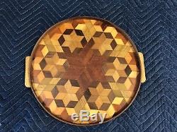 Vintage INLAID SERVING TRAY wood round art deco wooden handle mid century OP ART