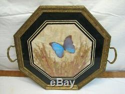 Vintage Iridescent Butterfly Wing Weed n Seed Folk Art Serving Wood Tray Octagon