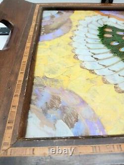 Vintage Iridescent Peacock Marquetry Wooden Serving Tray 20 x 13