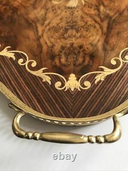 Vintage Italian Hand Laid Wood and Brass Serving Tray with Floral Design