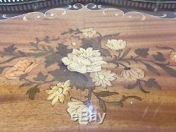 Vintage Italian Inlaid Marquetry Kingwood & Brass Oval Serving Tray withHandles