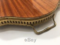 Vintage Italian Inlaid Marquetry Kingwood & Brass Oval Serving Tray withHandles