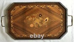 Vintage Italian Inlaid Wood Marquetry Serving Tray Ornate Brass Edging Handles