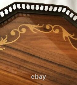 Vintage Italian Inlaid Wood Marquetry Serving Tray Ornate Brass Edging Handles
