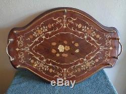 Vintage Italian Large Wood Serving Tray Ilower Inlay Brass Rail Made in Italy