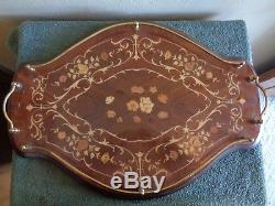Vintage Italian Large Wood Serving Tray Ilower Inlay Brass Rail Made in Italy