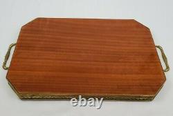 Vintage Italian Marquetry Inlaid Wood Tray With Brass Gallery And Handles 16.5