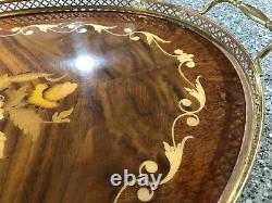 Vintage Italian Marquetry Tray Inlaid Wood With Brass Gallery And Handles 20.5