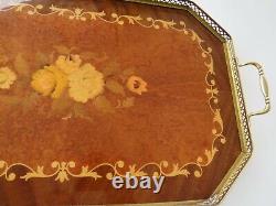 Vintage Italian Marquetry Wood and Brass Inlaid Serving Gallery Tray Italy