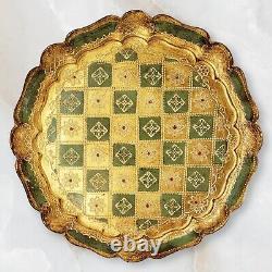 Vintage Italian Round Green and Gold Enameled Wood Serving Tray