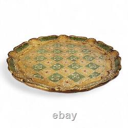 Vintage Italian Round Green and Gold Enameled Wood Serving Tray