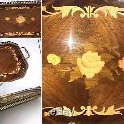 Vintage Italian Serving Tray Floral Wood Inlay Marquetry Hollywood Regency