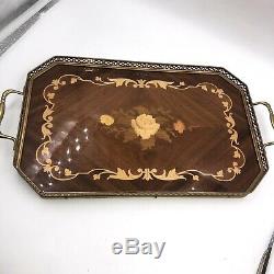 Vintage Italian Serving Tray Floral Wood Inlay Marquetry Hollywood Regency