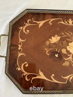 Vintage Italian Serving Tray Inlaid Wood Floral Brass Trim 21 Wooden