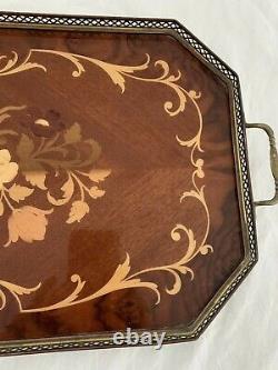 Vintage Italian Serving Tray Inlaid Wood Floral Brass Trim 21 Wooden