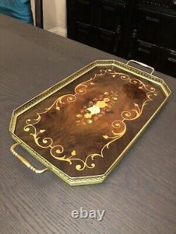 Vintage Italian Sorrento Inlaid Marquetry Wood And Brass Tray