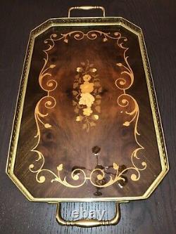 Vintage Italian Sorrento Inlaid Marquetry Wood And Brass Tray