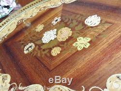 Vintage Italian Wood Inlay Serving Tray Brass Floral Flower 2 handles