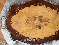 Vintage Italy Italian Inlaid Marquetry LARGE 23 Serving Tray Brass Handles Trim