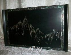 Vintage Japanese Black Lacquer Rosewood Wood Mountains Serving Tea Tray Table