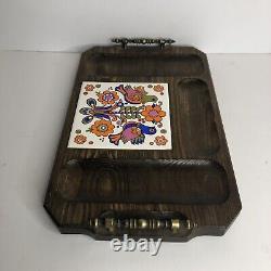 Vintage Japanese Wood Serving Platter Tray Love Bird Theme Metal Handles