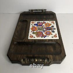 Vintage Japanese Wood Serving Platter Tray Love Bird Theme Metal Handles