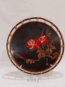 Vintage Japanese lacquered rose tray with mother of pearl