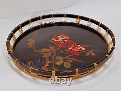Vintage Japanese lacquered rose tray with mother of pearl
