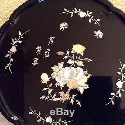 Vintage Lacquered Wood and Mother of Pearl Asian Serving Tray