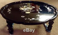 Vintage Lacquered Wood and Mother of Pearl Asian Serving Tray