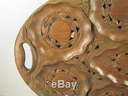 Vintage Large Hand Carved Serving Handled Tray Teak Wood Floral