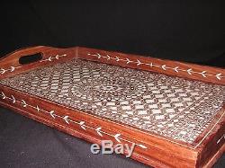 Vintage Large Hand Carved Wood Inlaid Bone Serving Tray Art Deco Design India